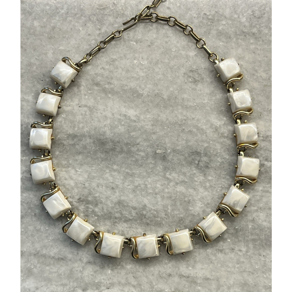 Vintage Coro Moonglow Necklace White Pearlescent Square Gold Tone Statement